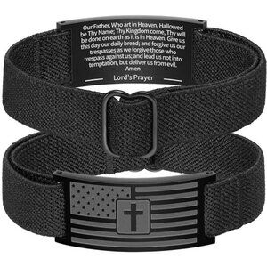 American Flag Cross Bracelet for Men Women, Black Elastic Stretch Strap